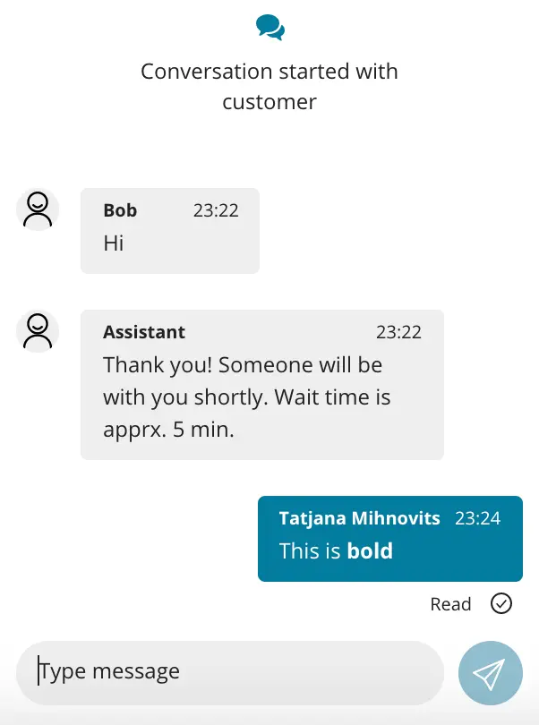 Webchat showing conversation with customer and assistant, including a bold message.
