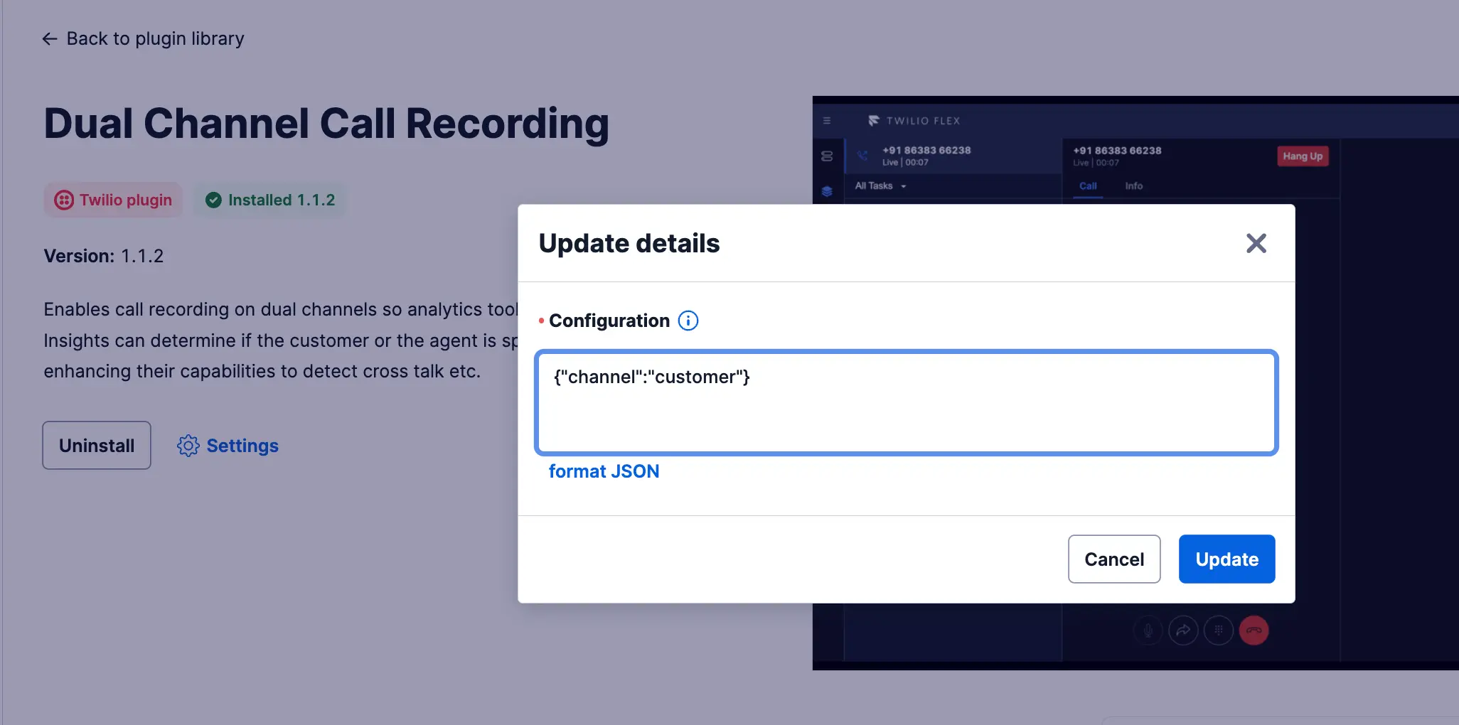 Configuration window with JSON setting channel to customer.