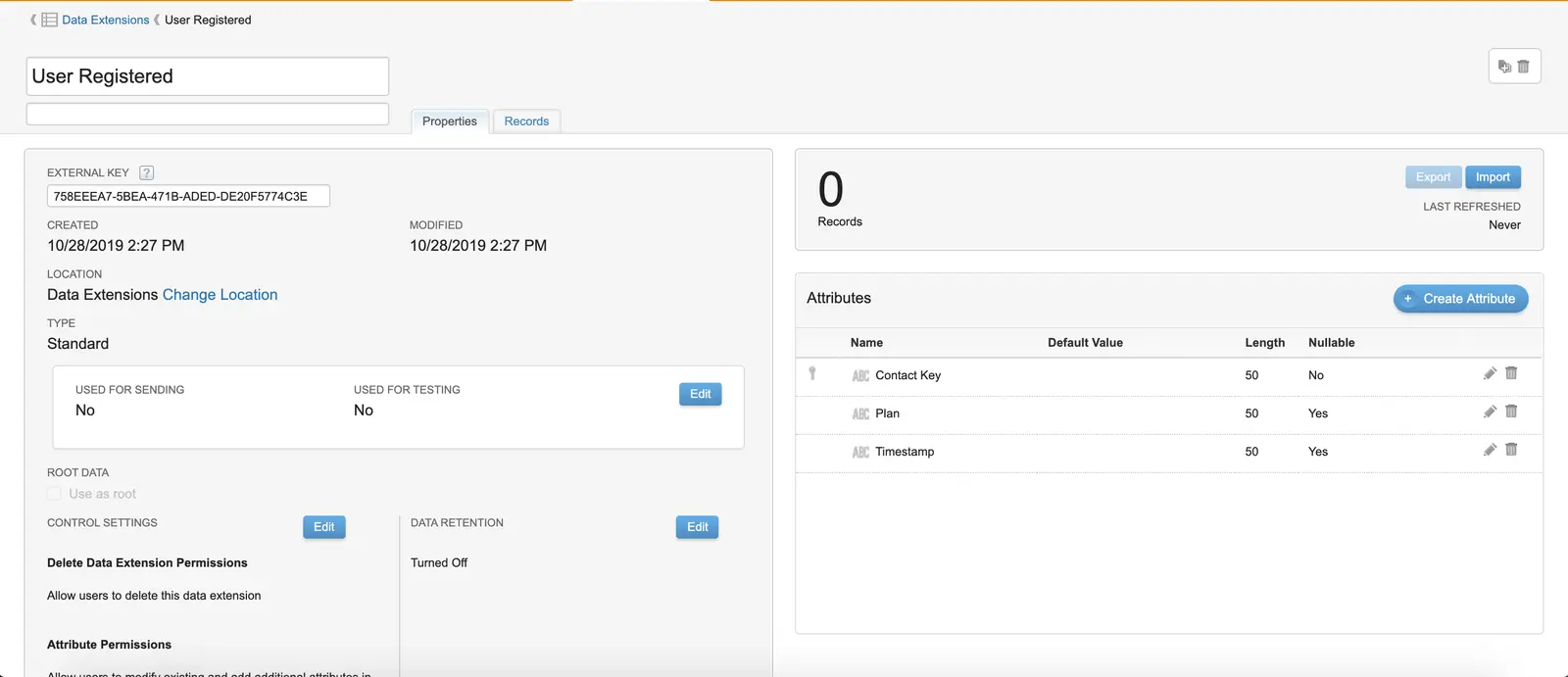 SFMC Data Extension tab showing User Registered details, attributes like Contact Key, Plan, and Timestamp.