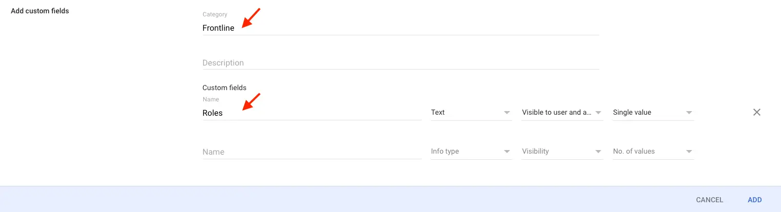 Form to add custom fields with category 'Frontline' and field name 'Roles'.