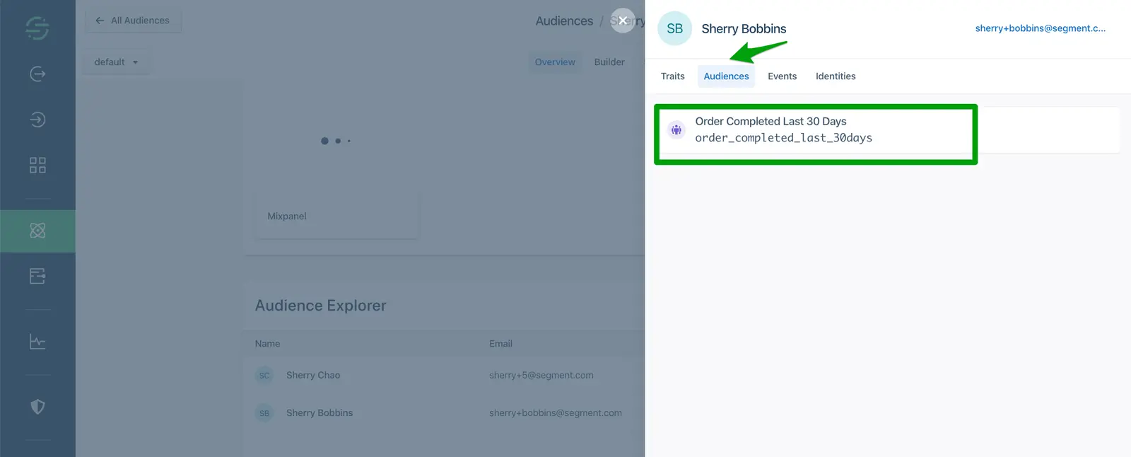 Audience tab showing 'Order Completed Last 30 Days' with identifier 'order_completed_last_30days'.