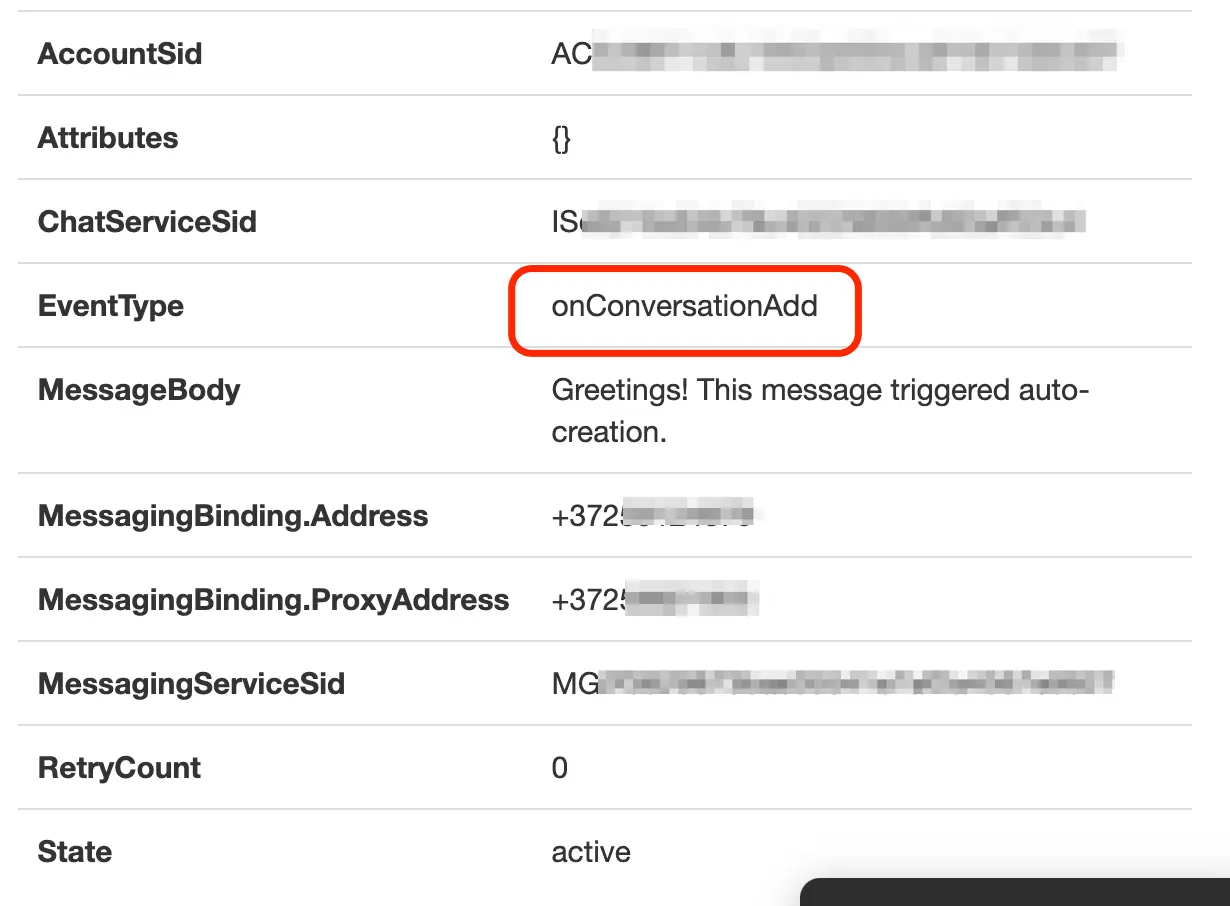EventType onConversationAdd with message 'Greetings! This message triggered auto-creation.'.