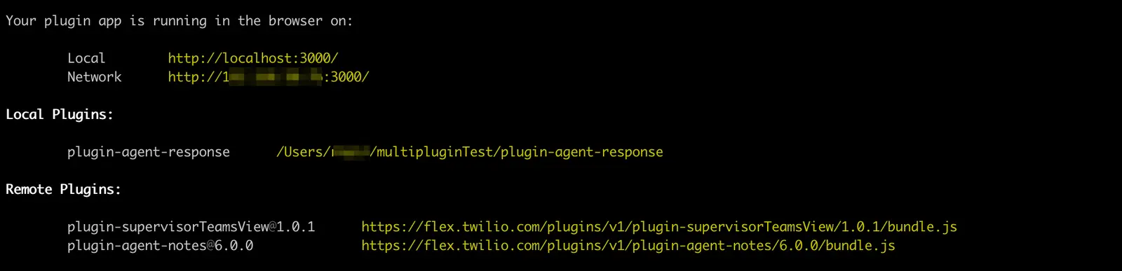 Terminal showing local and remote plugin paths for a Twilio Flex app.