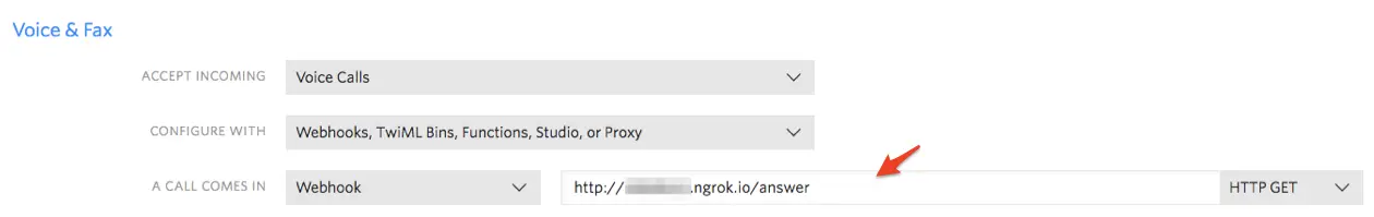 Webhook configuration for incoming voice calls with URL and HTTP GET method.