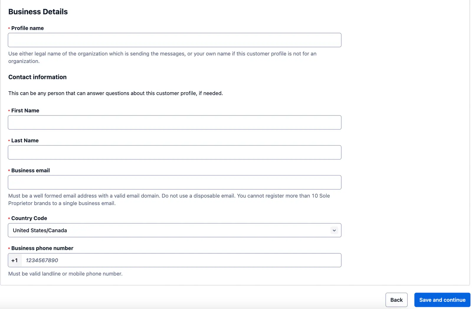 Form fields for business profile including name, contact, email, and phone number.