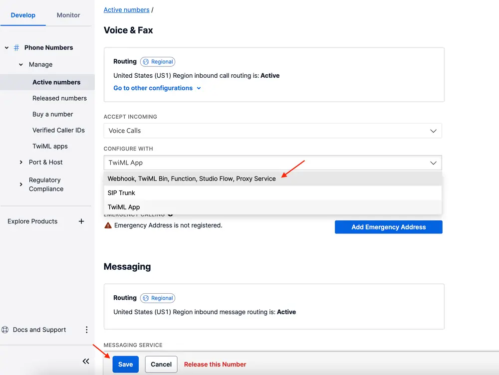 Dropdown showing configuration options for TwiML App with save button highlighted.