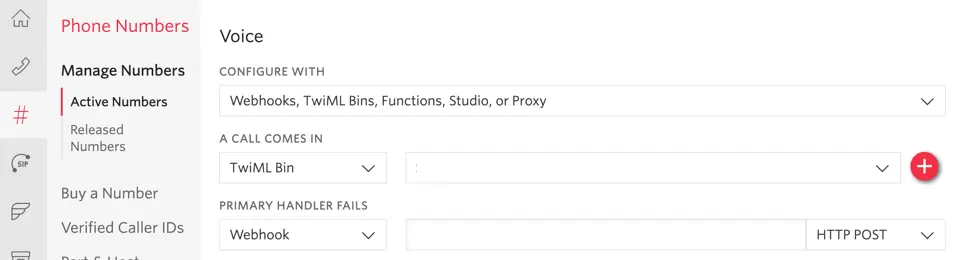 Twilio Voice settings with options for configuring webhooks and TwiML Bins.