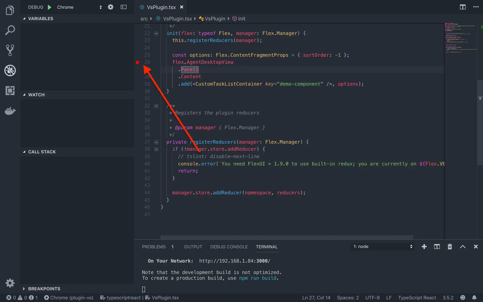 Visual Studio Code showing a breakpoint set at line 27 in a TypeScript file.