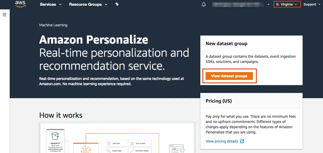 Amazon Personalize dashboard showing steps: Upload datasets, Install event ingestion SDK, Create solutions with Start button highlighted, Launch campaigns.