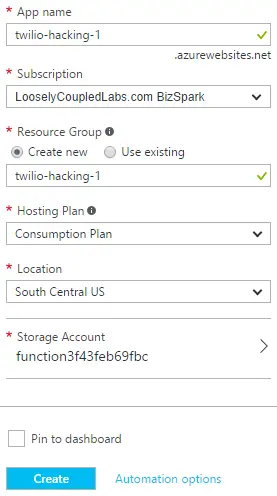 Azure Function app setup with app name, subscription, resource group, hosting plan, location, and storage account.