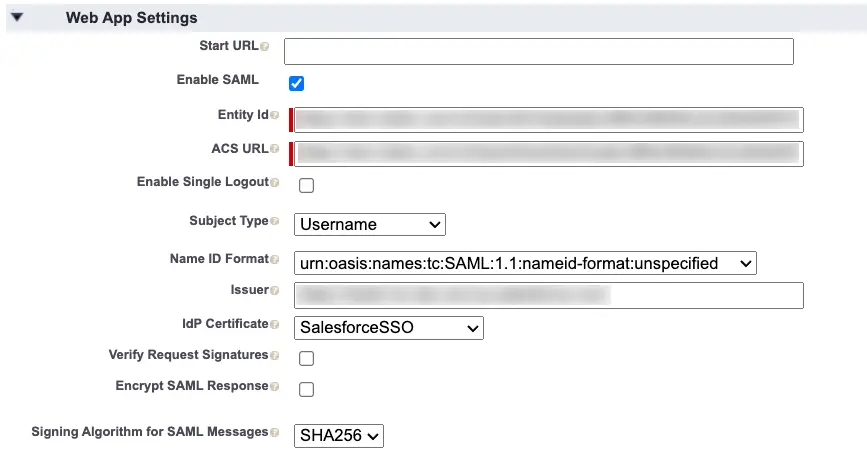 Web App Settings for Salesforce SSO with options for SAML configuration including Entity Id and ACS URL.