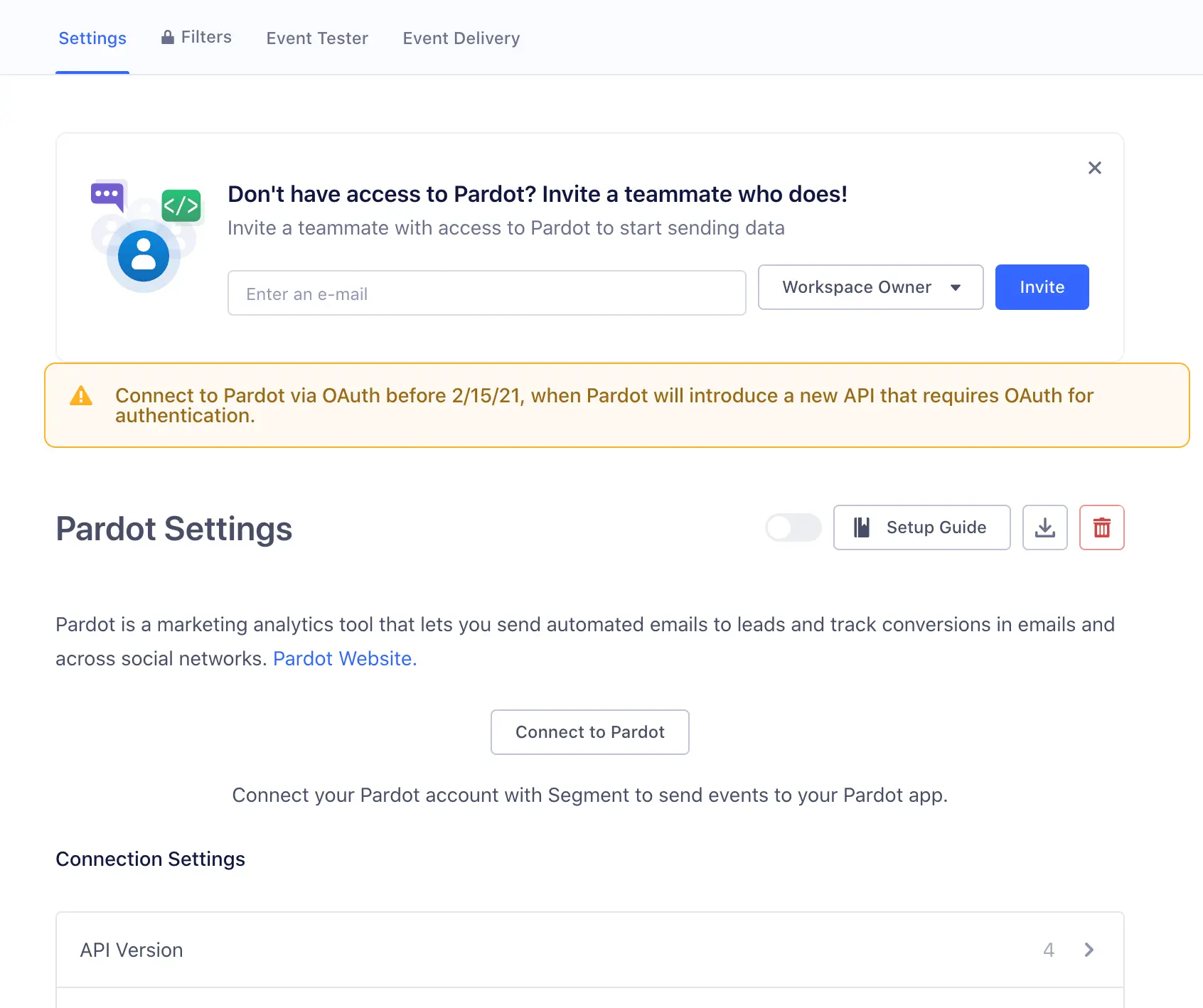 Pardot settings page with OAuth connection warning and email invitation option.