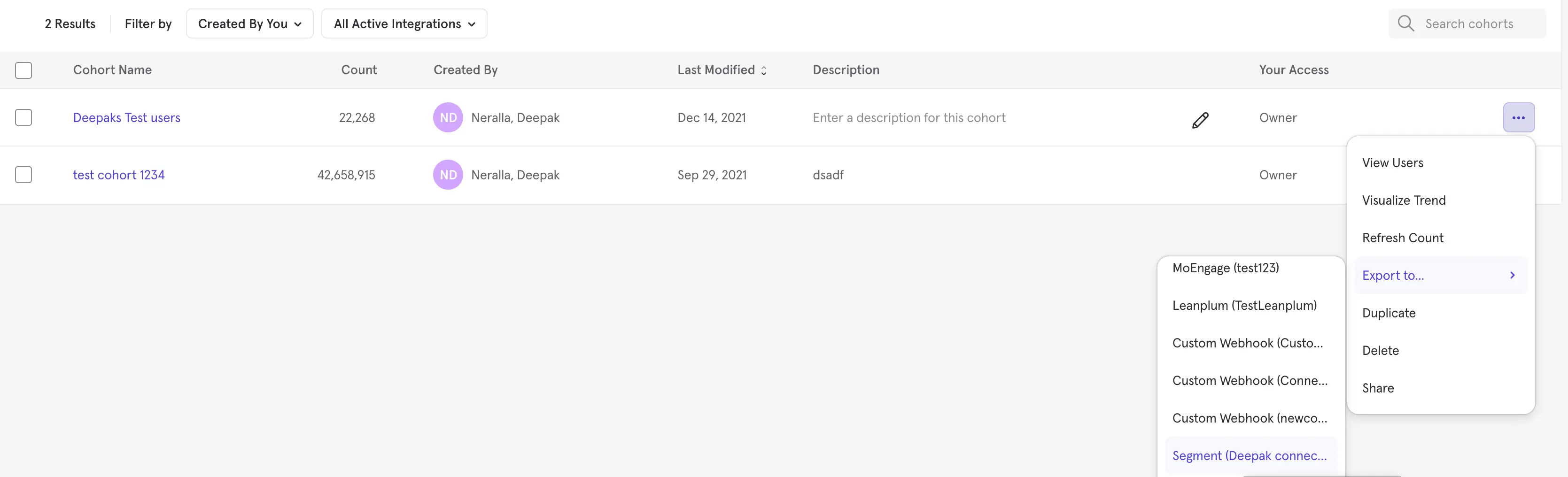 Cohort list in Mixpanel with export options.