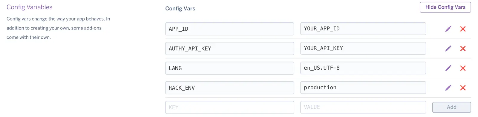 Config variables setup with APP_ID, AUTHY_API_KEY, LANG, and RACK_ENV fields.