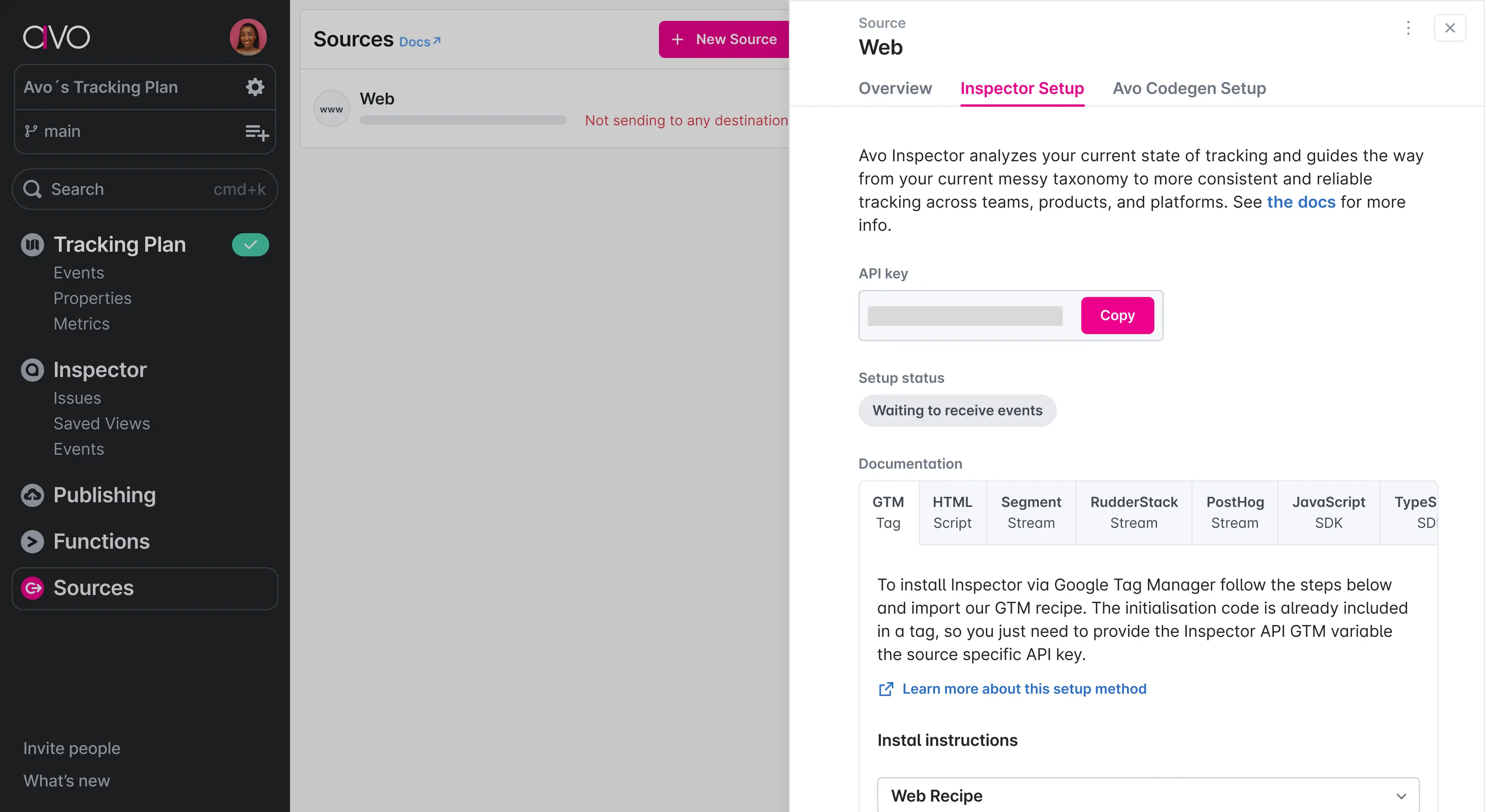 Avo Inspector setup screen with API key field and copy button.