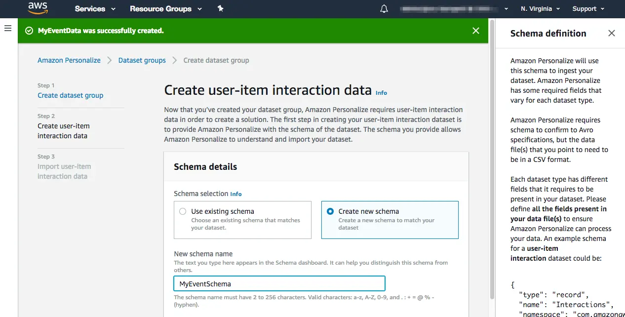 AWS Create new campaign page with campaign name 'segment-workshop-campaign' and solution 'MyEventSolution' selected.