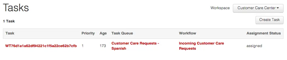Task WT76d1a1a62df94221c1f5a22c6e2b7cfb assigned in Customer Care Requests workflow.