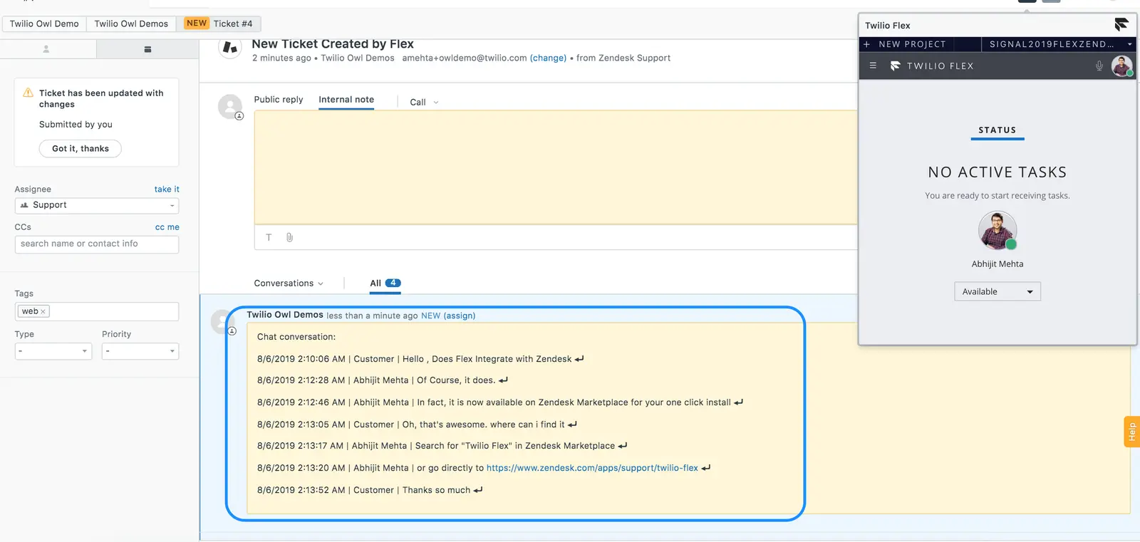 Zendesk ticket with Twilio Flex chat transcript discussing integration availability.