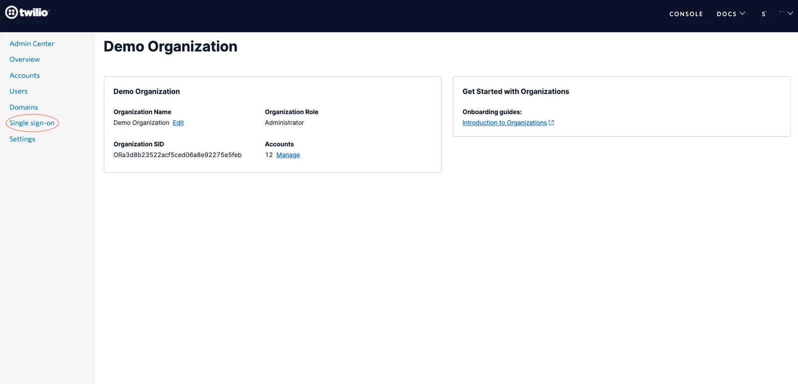 Admin Center with Single Sign-On link highlighted in navigation.