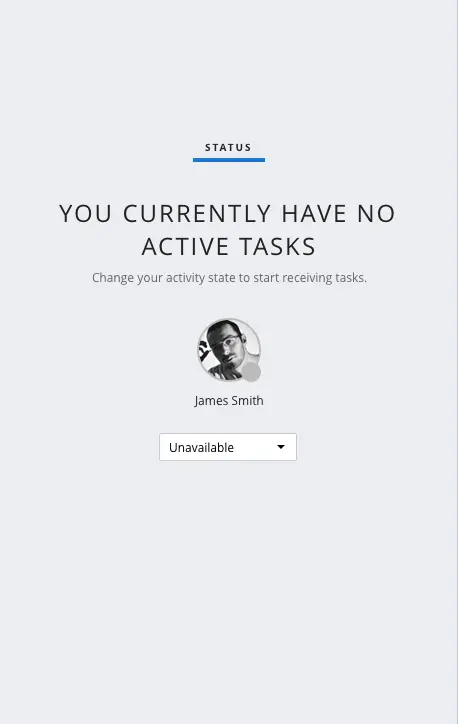 Status screen showing no active tasks with user James Smith set to unavailable.