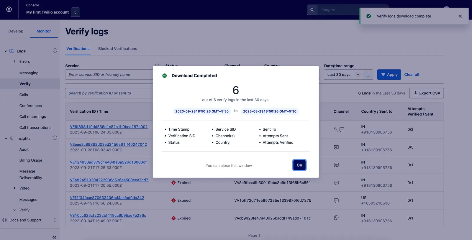Verify logs page showing 6 logs downloaded in the last 30 days with export CSV option.