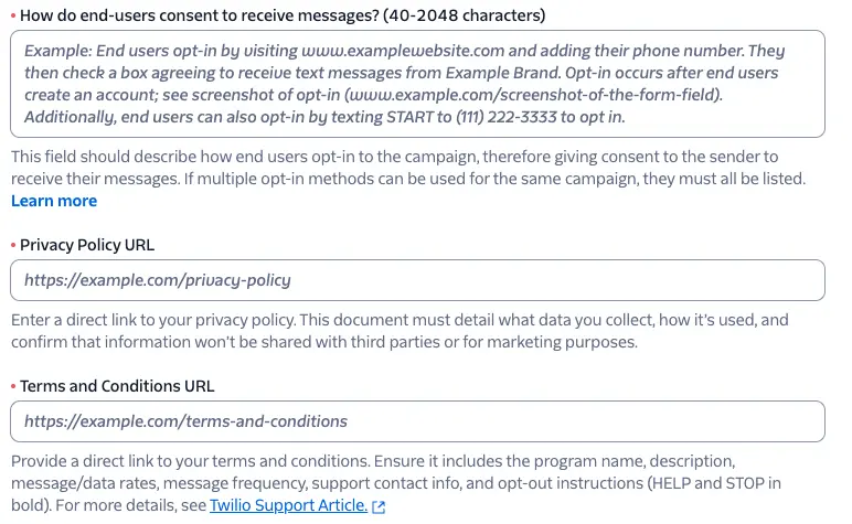Consent description, Privacy Policy URL, and Terms and Conditions URL fields on the campaign registration form.
