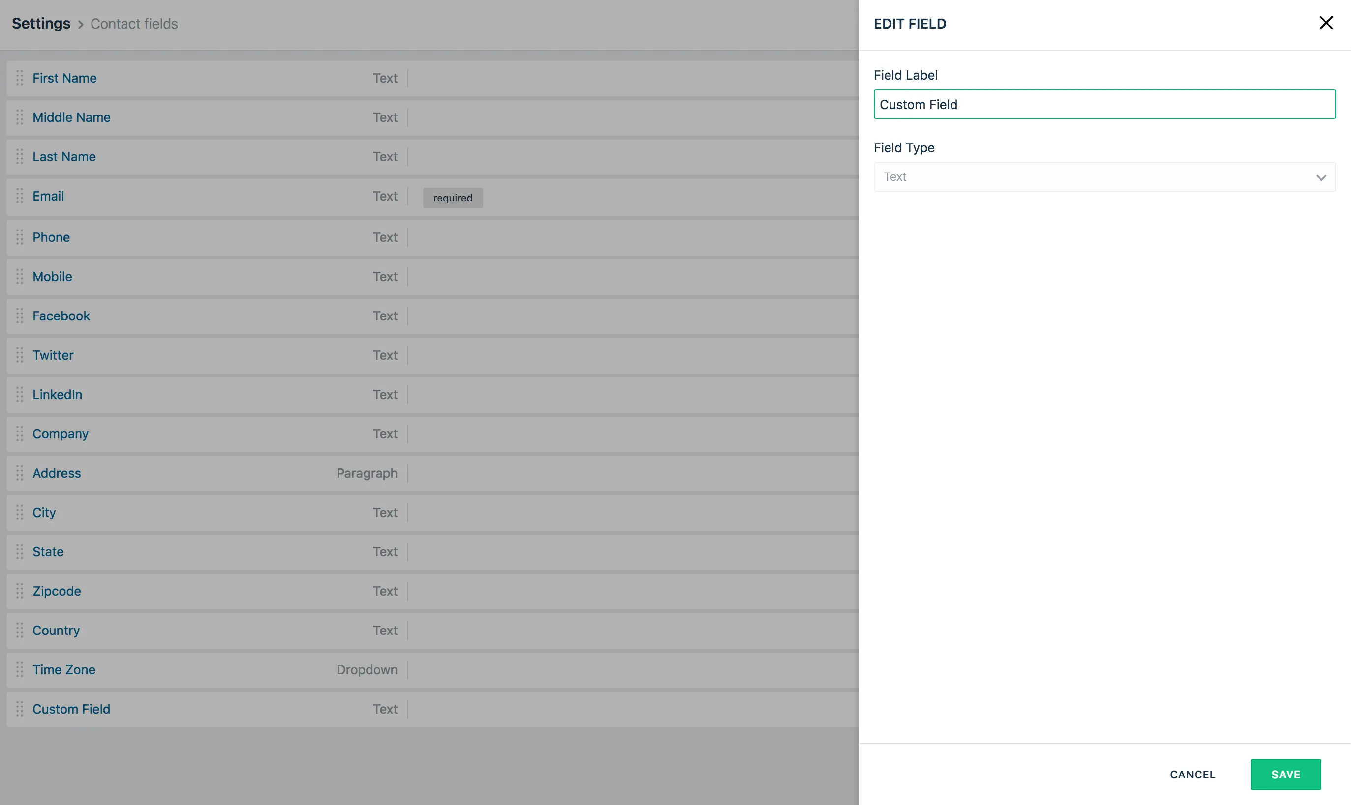 Freshmarketer Contact fields page with Edit Field sidebar showing a custom field labeled 'Custom Field'.