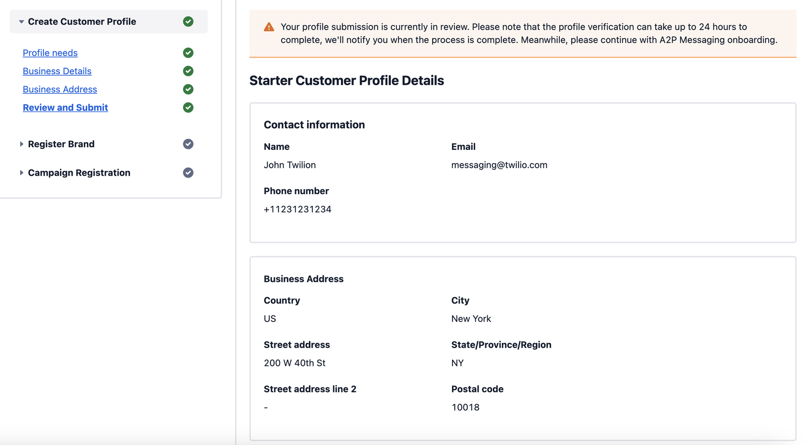 Profile under review screen -- no validation errors.