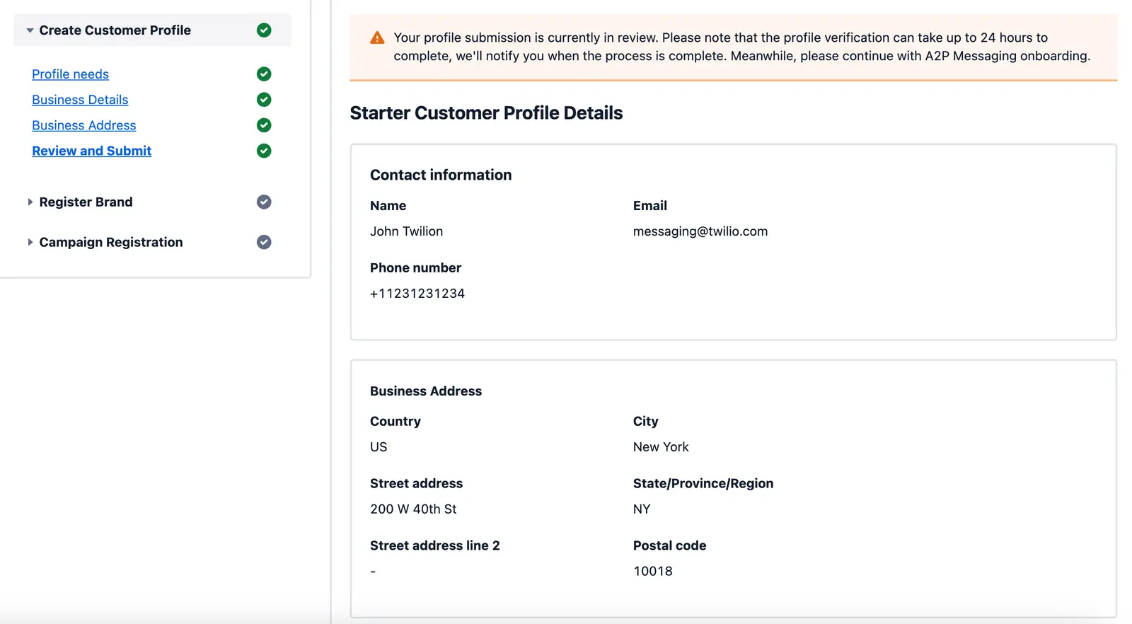 Profile submission under review with contact and business address details.