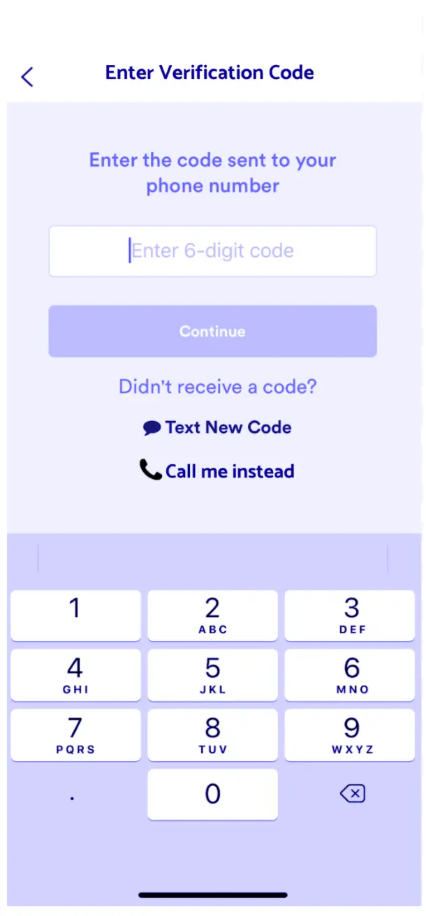 Verification code entry screen with options to text a new code or receive a call.