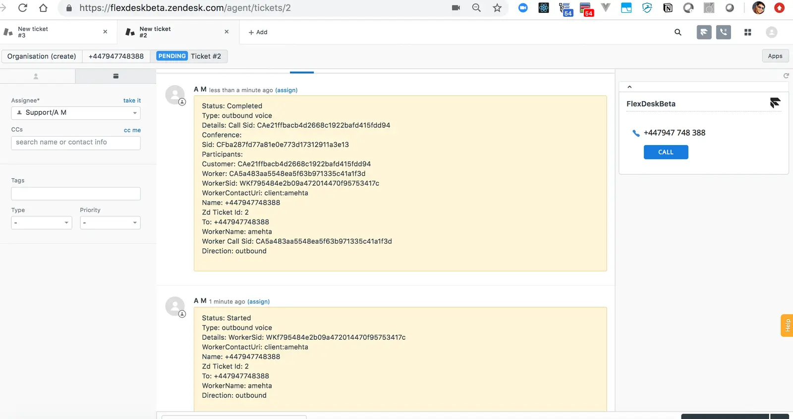 Zendesk ticket showing completed and started outbound voice call details with FlexDeskBeta integration.