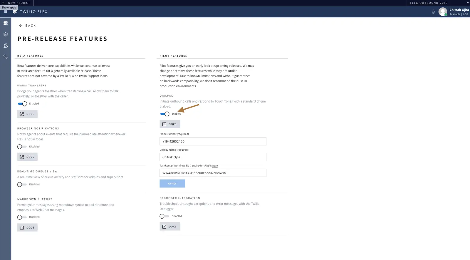 Arrow pointing to the toggle switch for enabling the dialpad under pilot features in Twilio Flex.