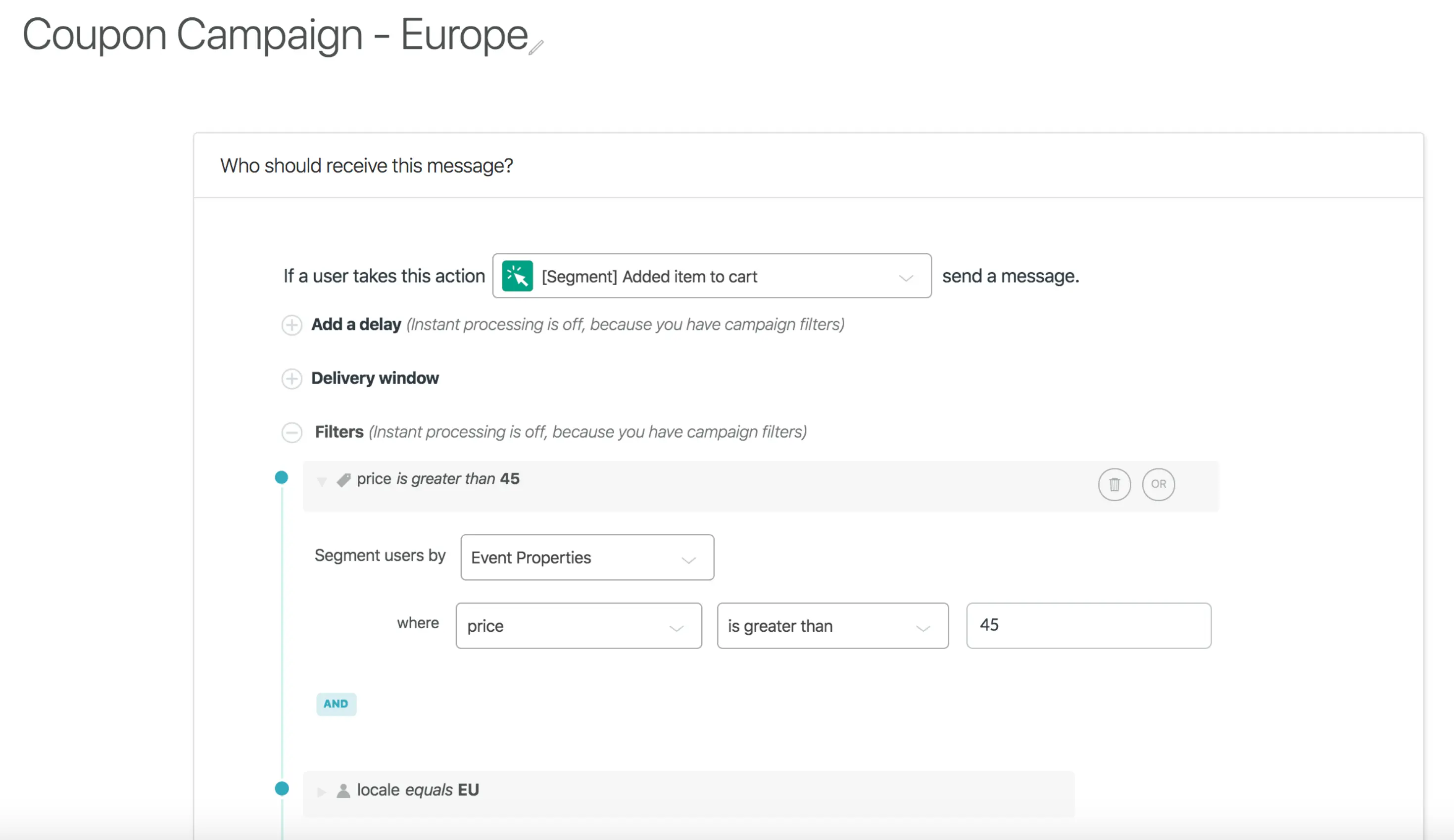 Coupon campaign setup with filters for price greater than 45 and locale equals EU.