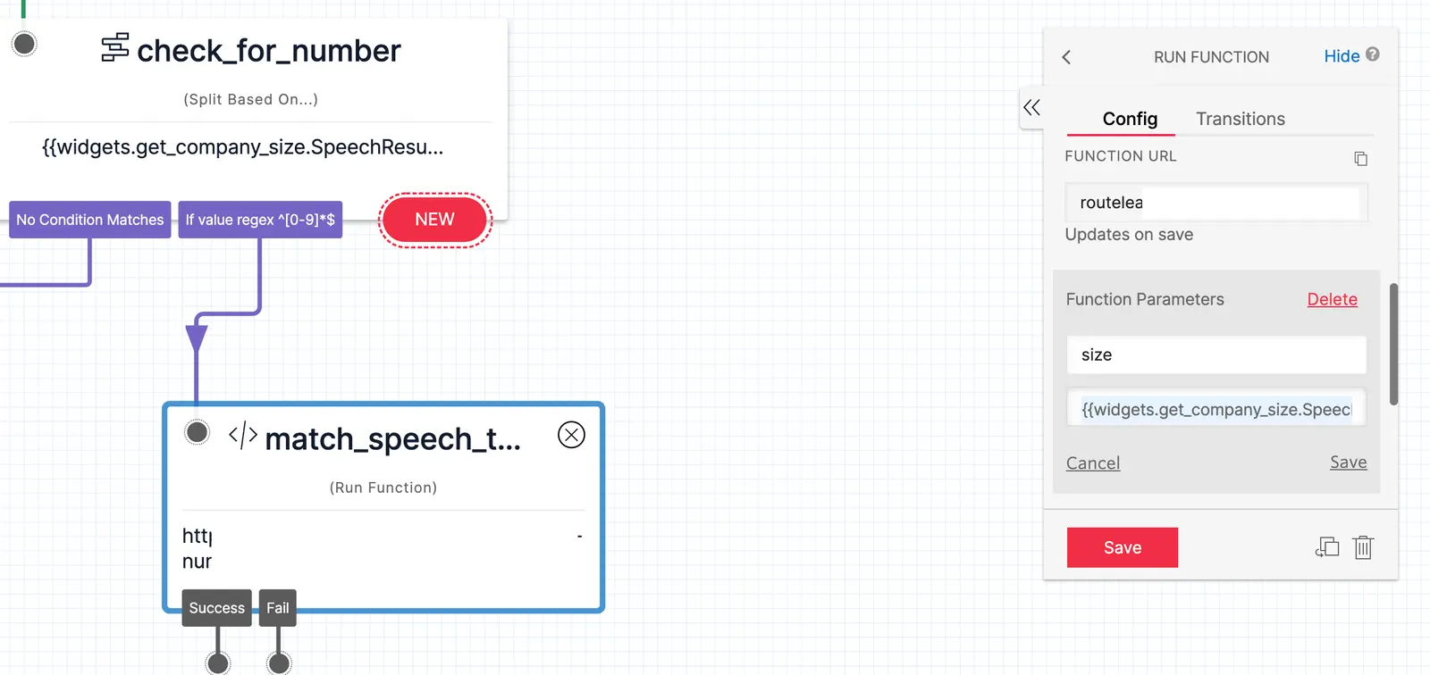 Twilio Studio Tutorial Route Leads Run Function widget with configuration panel to the right showing function parameters.