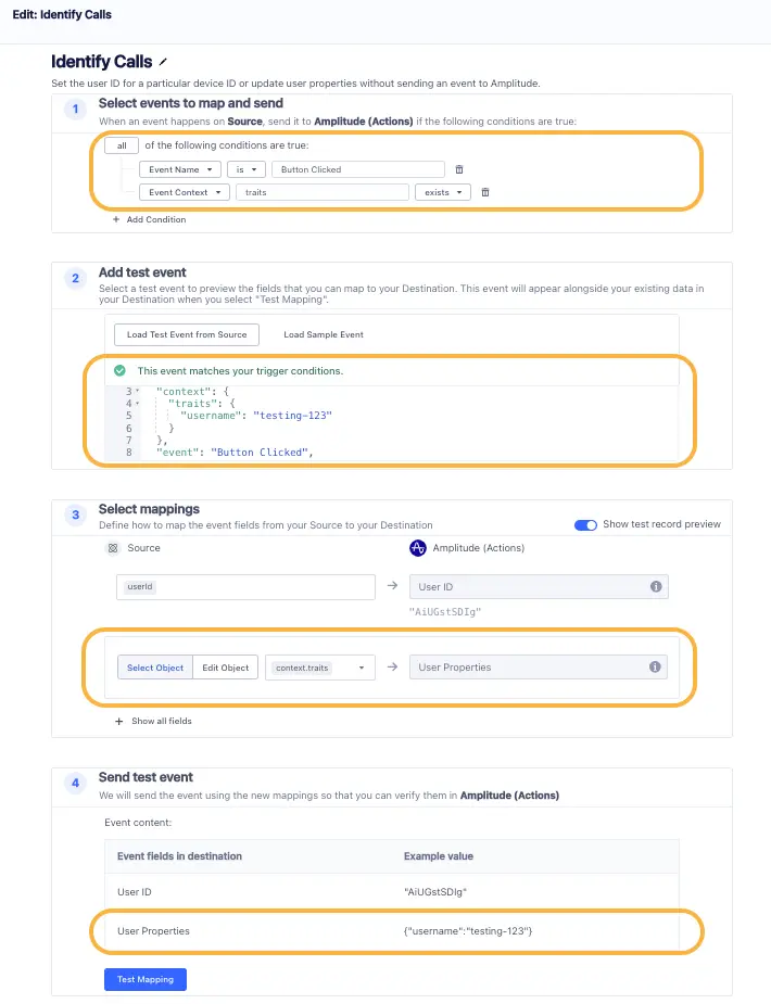 Identify Calls setup with event mapping, test event, and user properties configuration.