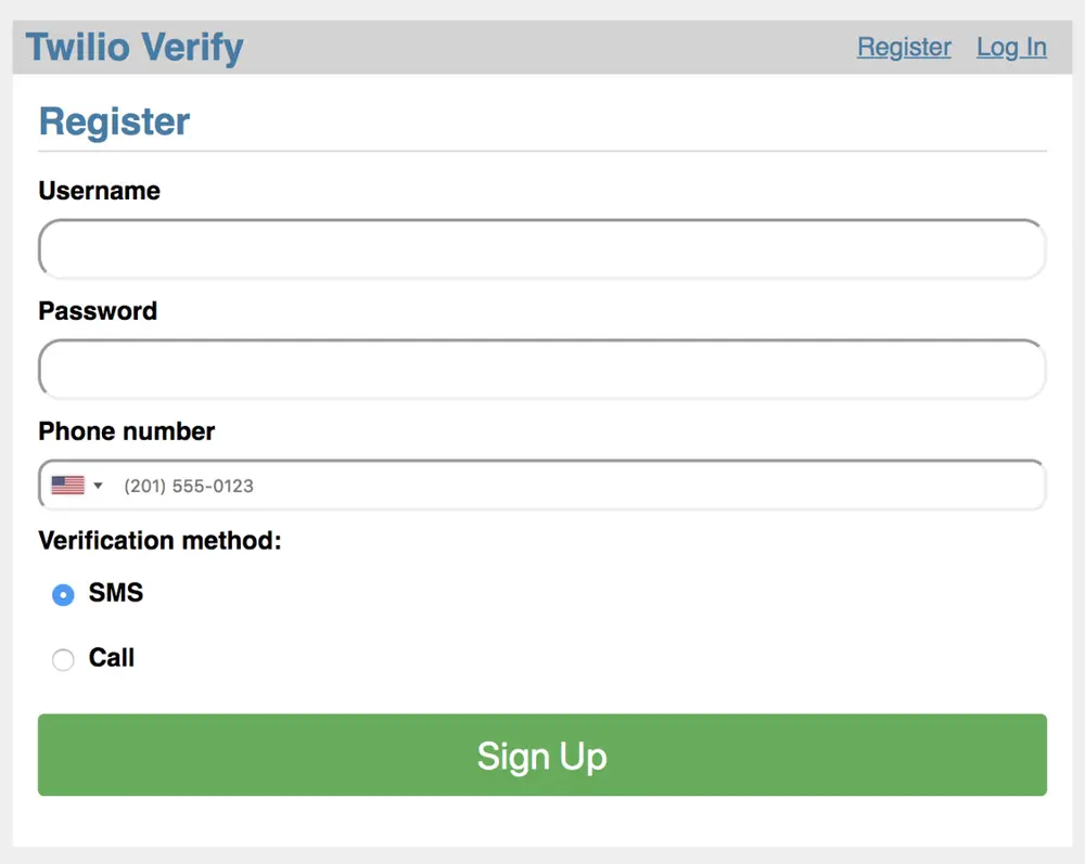 Twilio Verify registration form with fields for username, password, phone number, and verification method.