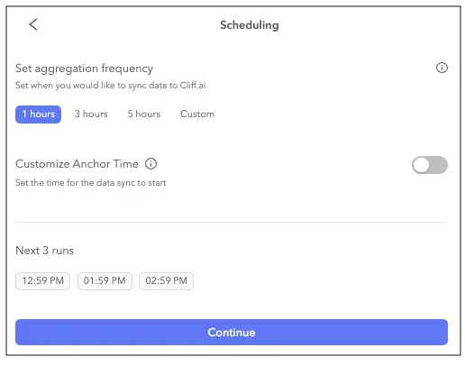 Cliff scheduling page with options for aggregation frequency and anchor time customization.