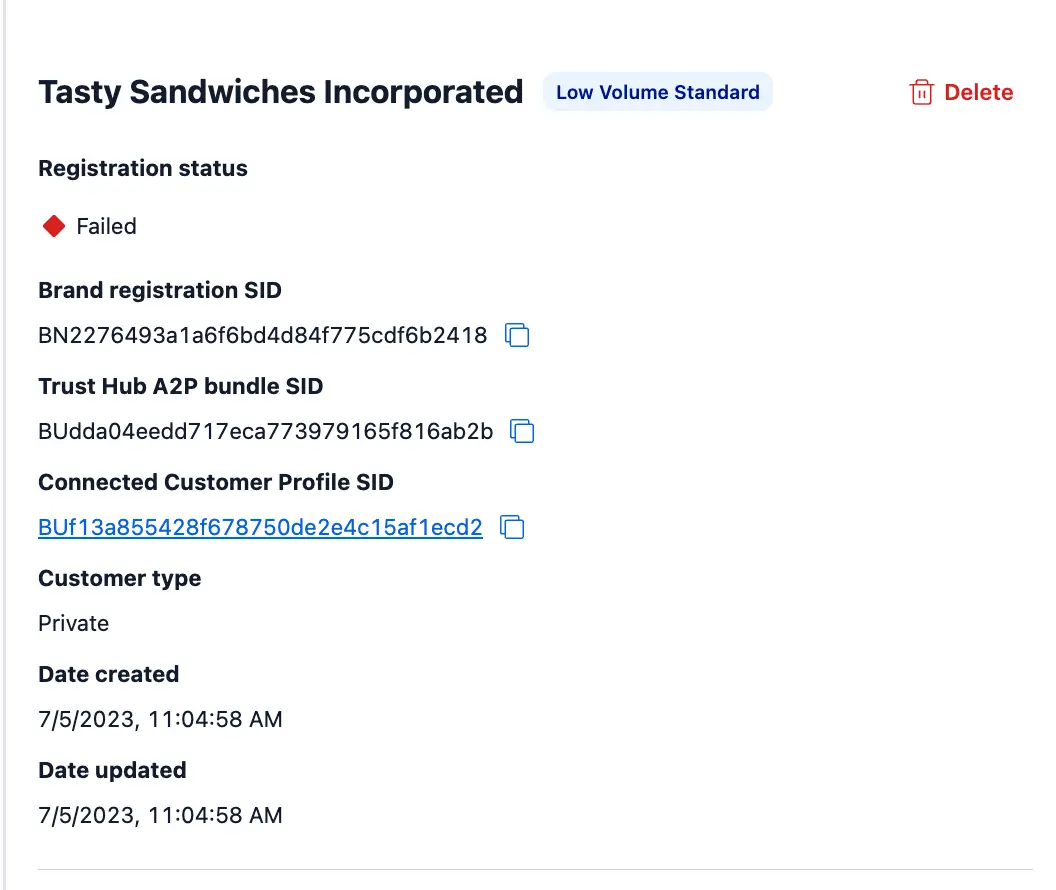 Tasty Sandwiches Incorporated brand details showing registration status as failed with delete option.