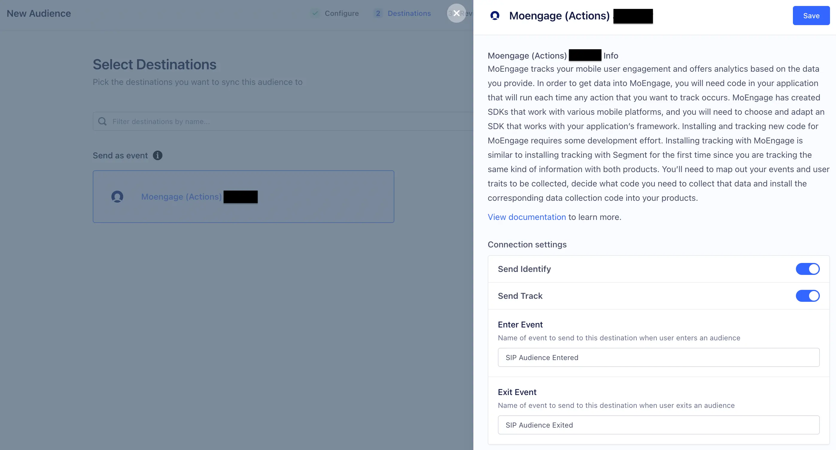 Screenshot of MoEngage (Actions) destination page in Segment.
