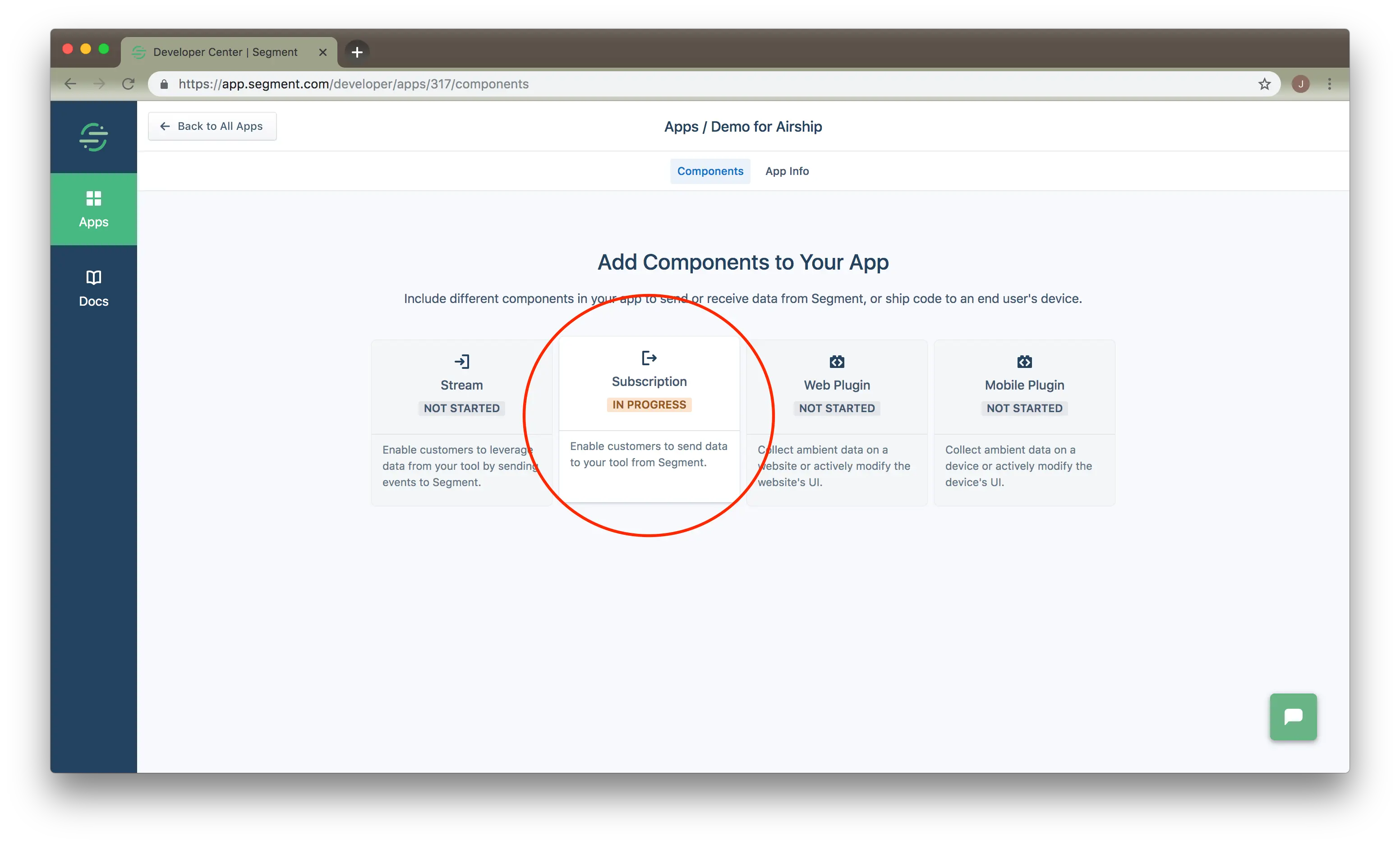 The Add Components to your App page, with a component in progress.