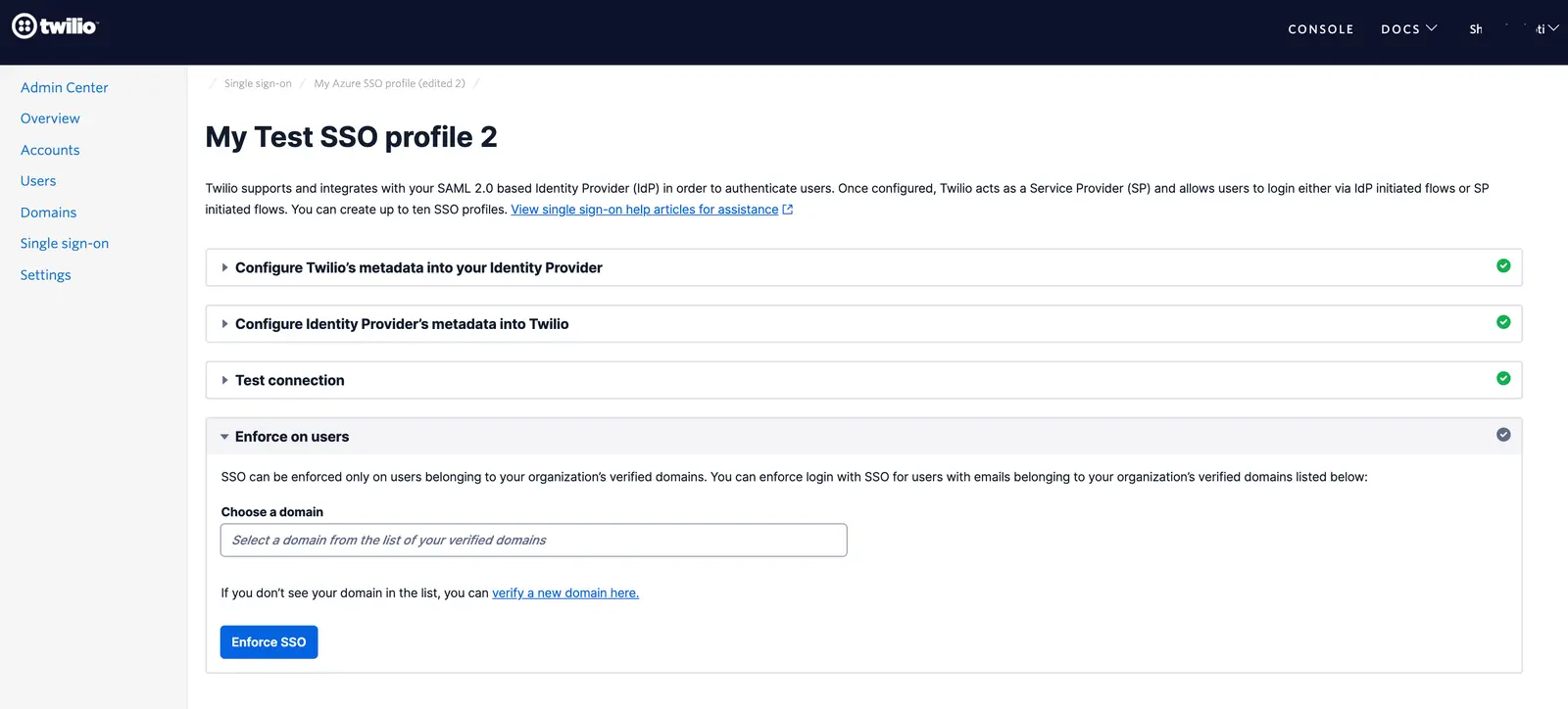 Twilio SSO profile setup with options to configure metadata, test connection, and enforce SSO on users.