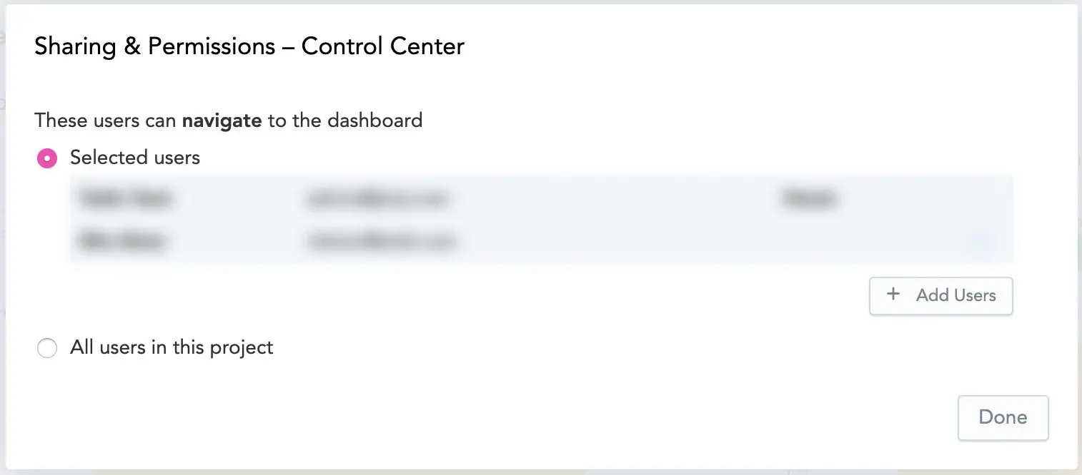 Control Center for sharing permissions with selected users option highlighted.