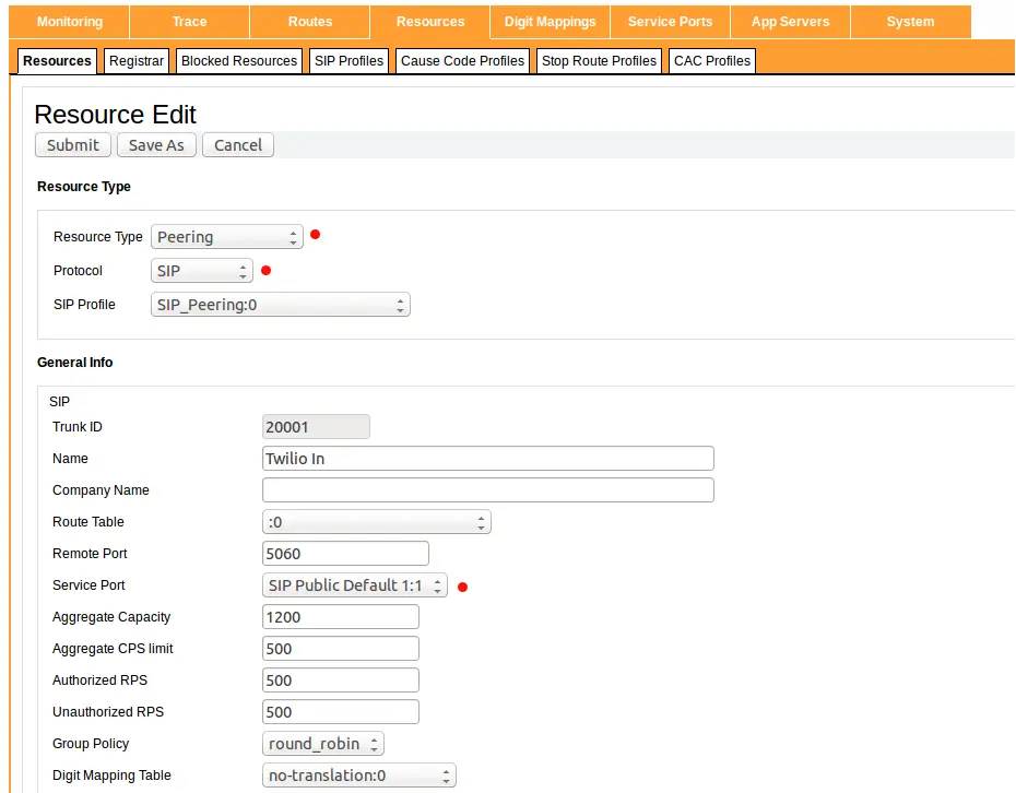Sansay Resource Edit screen showing SIP trunk configuration with peering and protocol settings.
