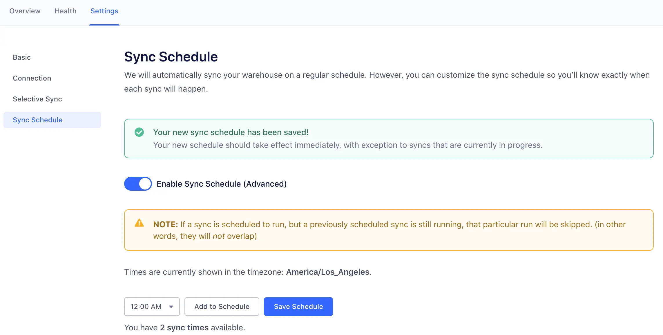 Sync schedule page with enabled toggle and saved schedule confirmation.