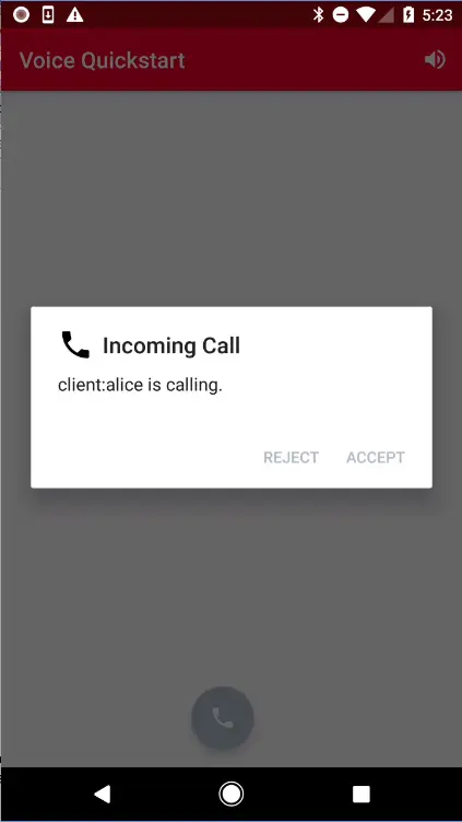 Incoming call alert from client Alice with options to reject or accept.