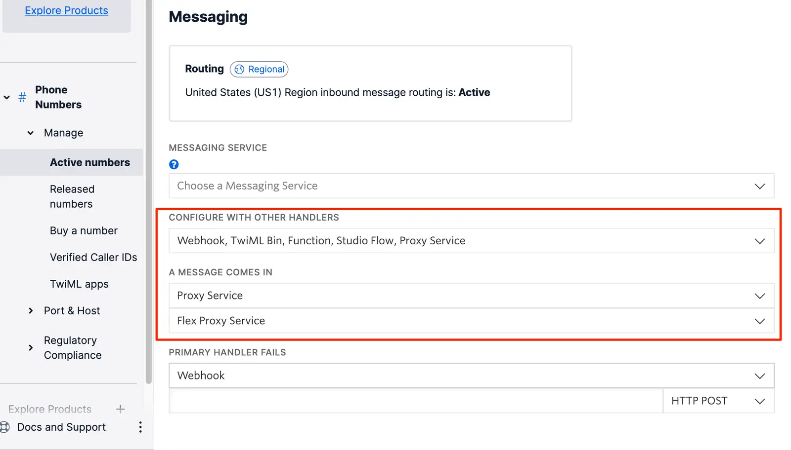 Messaging configuration with options for Webhook, TwiML Bin, Function, Studio Flow, and Proxy Service.