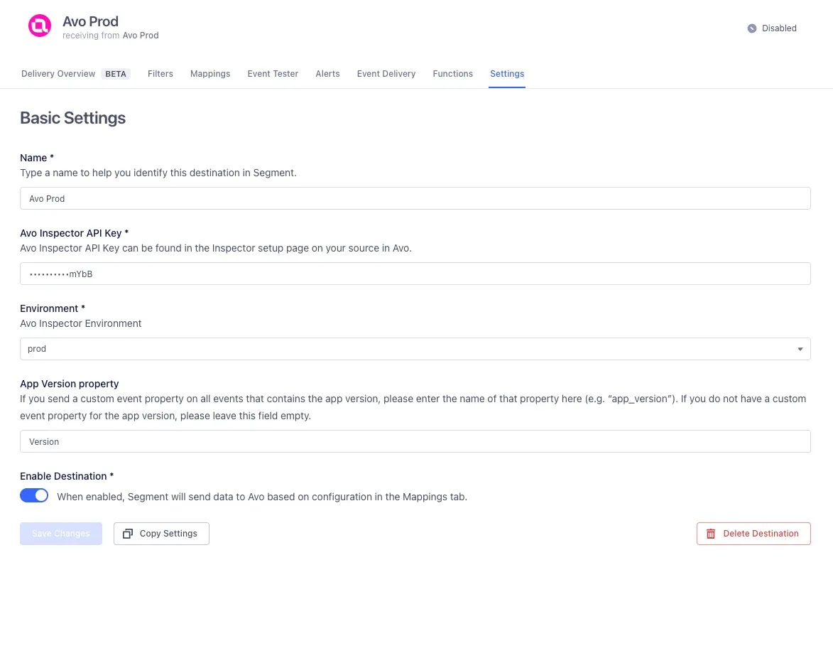 The Avo Prod settings page in Segment with fields for name, API key, environment, and app version property.