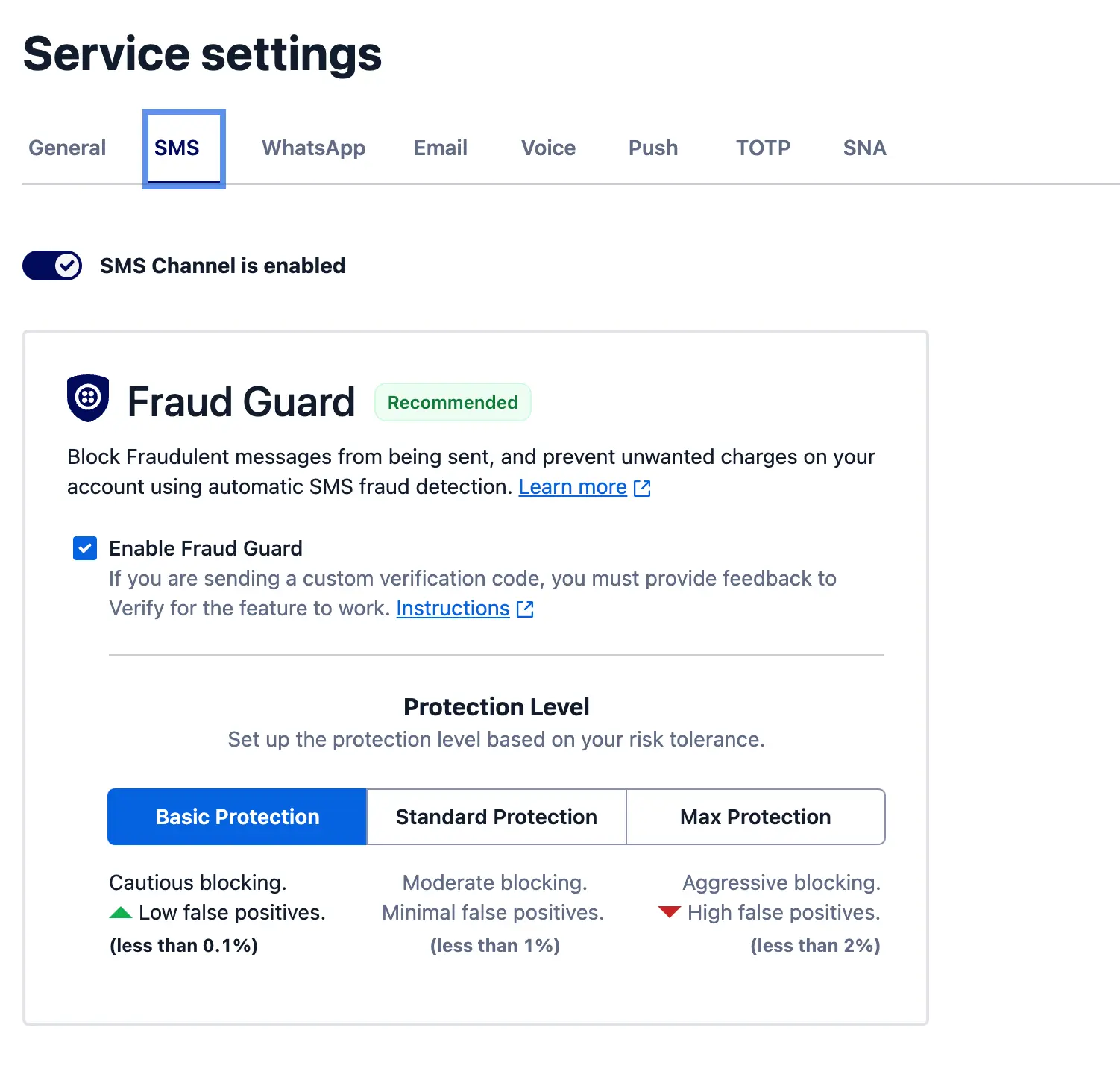 Service settings SMS tab with Fraud Guard options and protection levels.