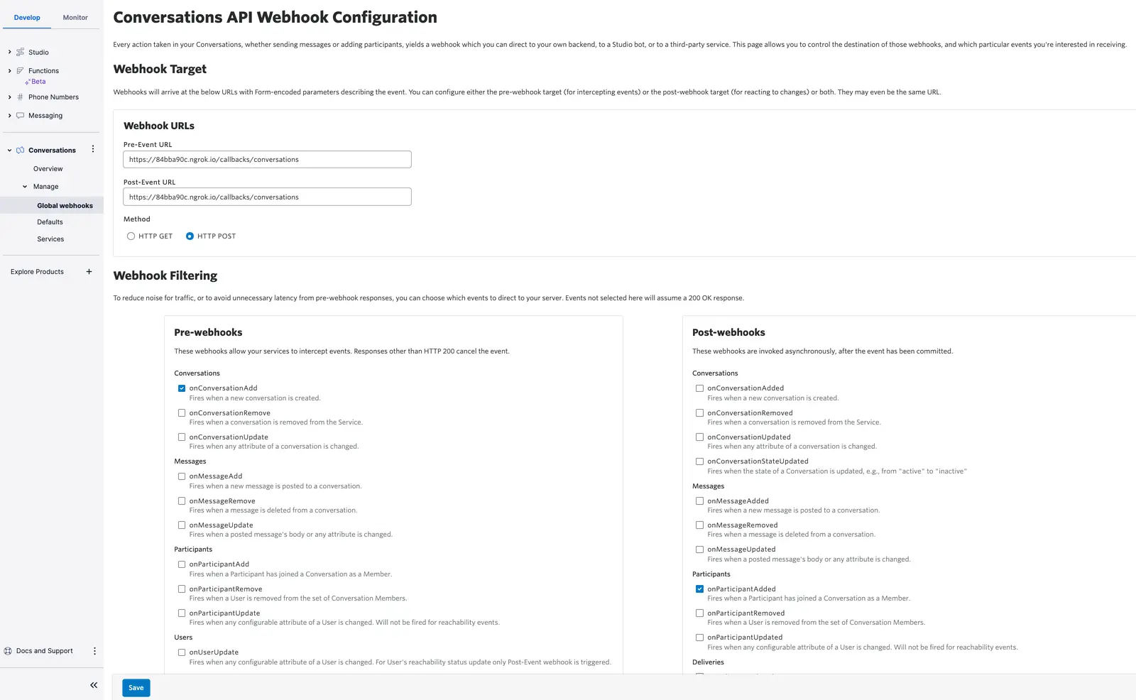 Conversations API webhook configuration with pre-event and post-event URL settings and webhook filtering options.