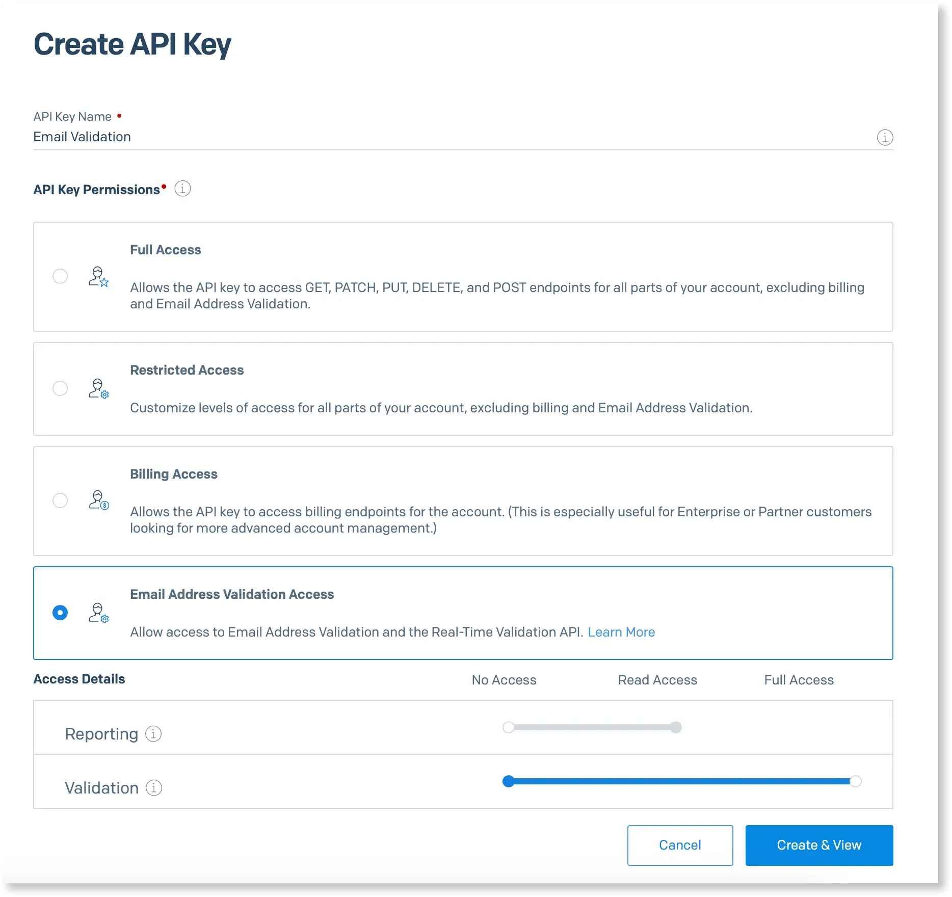 Create API Key page with options for full, restricted, billing, and email address validation access.